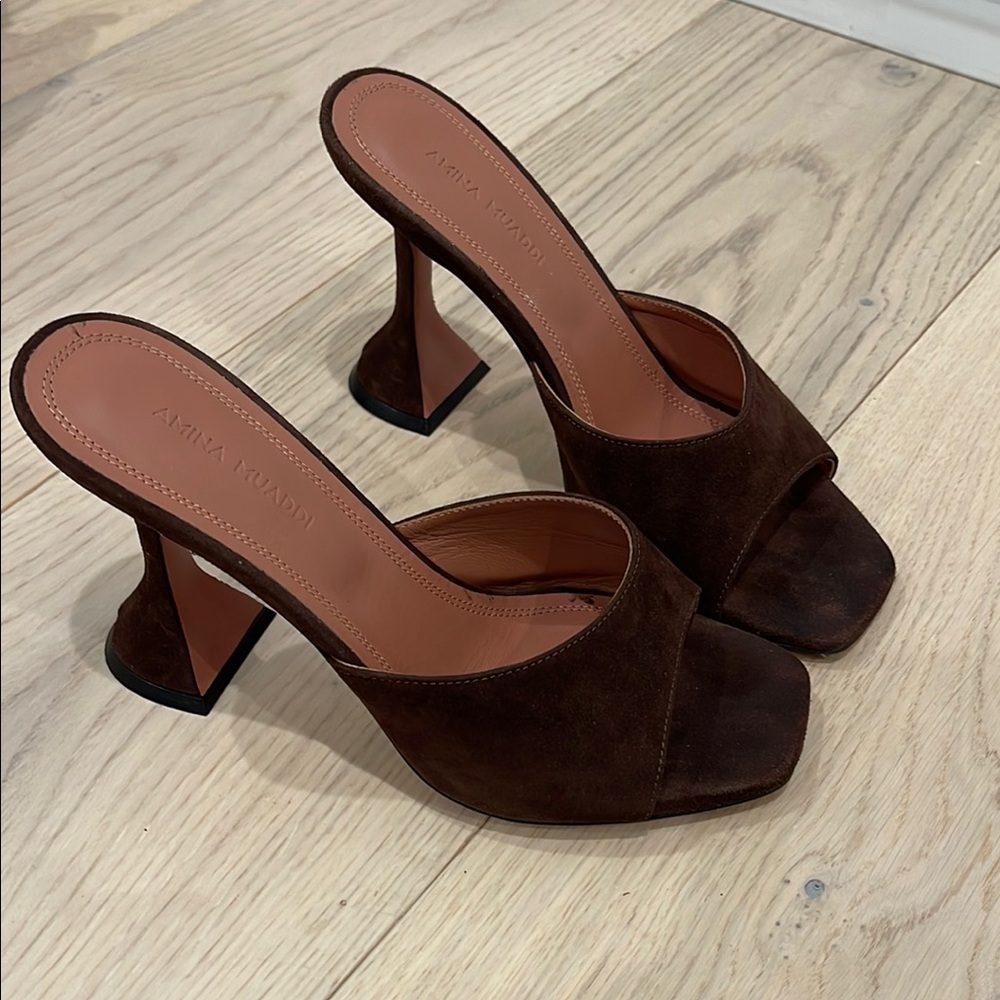 Amina Muaddi Lupita in Brown Suede